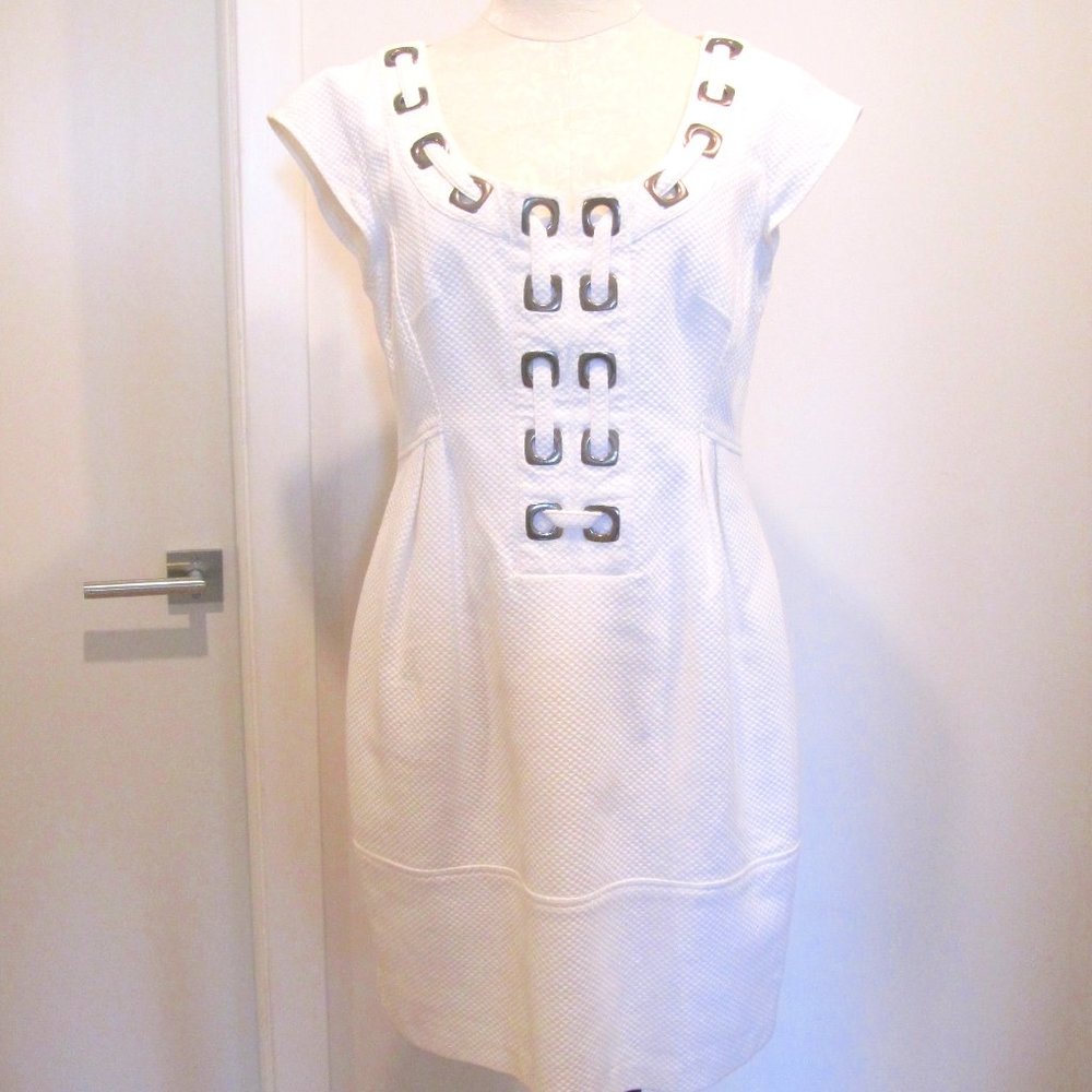 Nanette Lepore White Textured Cotton Knee Length Dress, Cap Sleeves, Pockets, 8